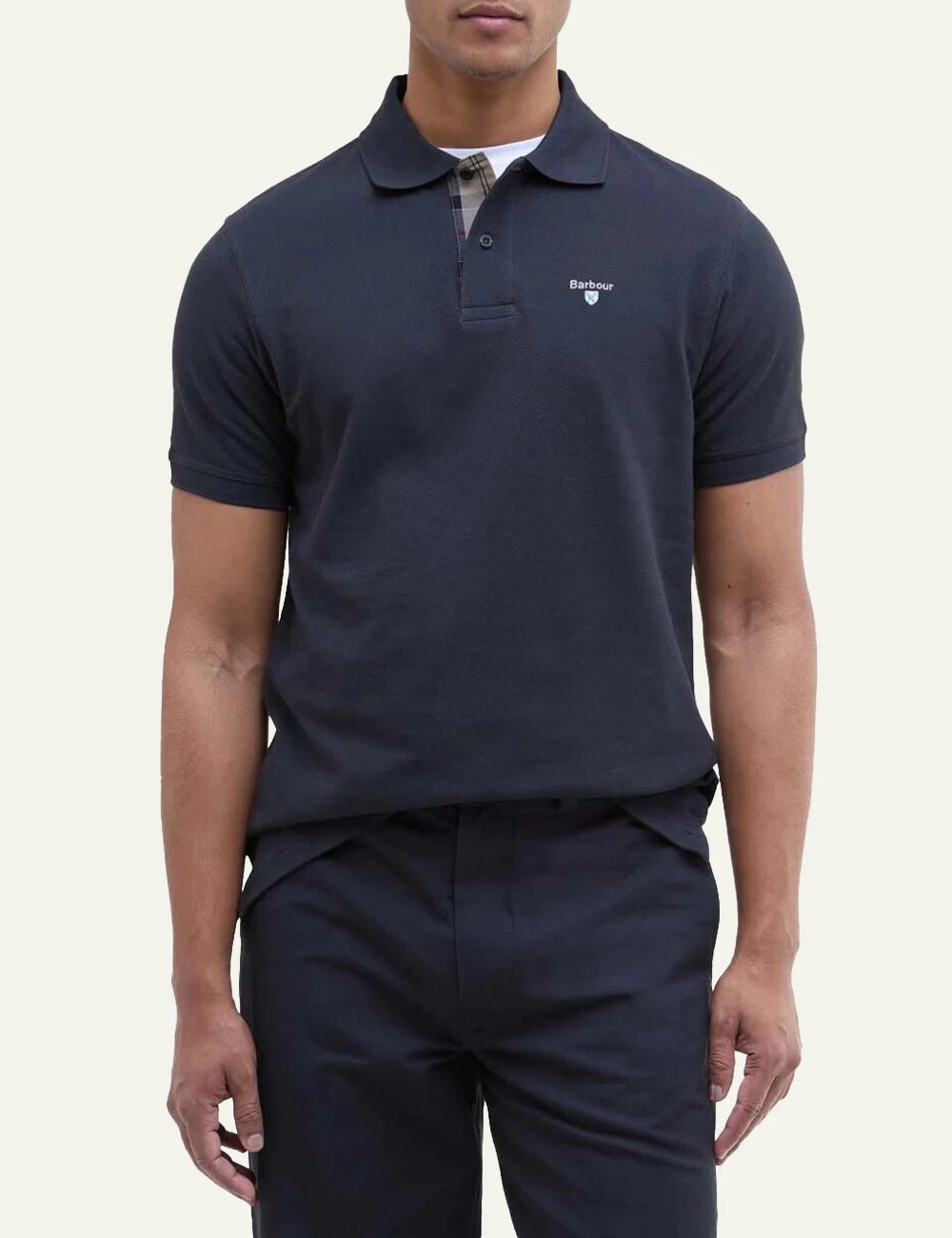 barbour pique polo shirt navy front model view