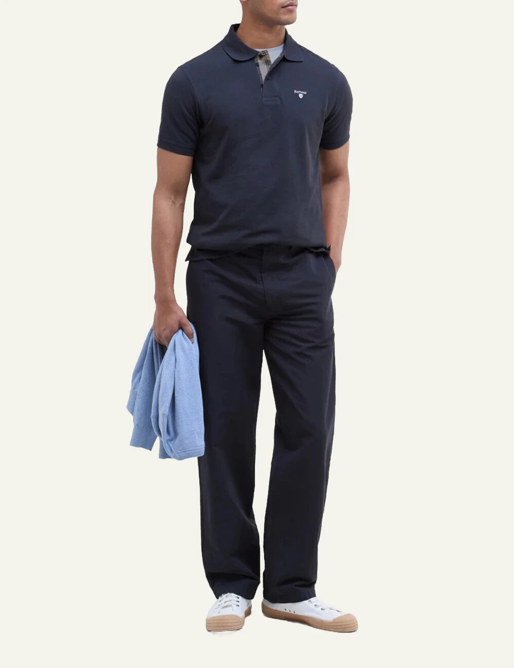 barbour pique polo shirt navy front full body view