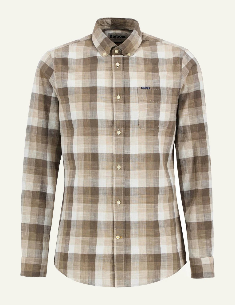 barbour plaid button down shirt brown beige front flat view