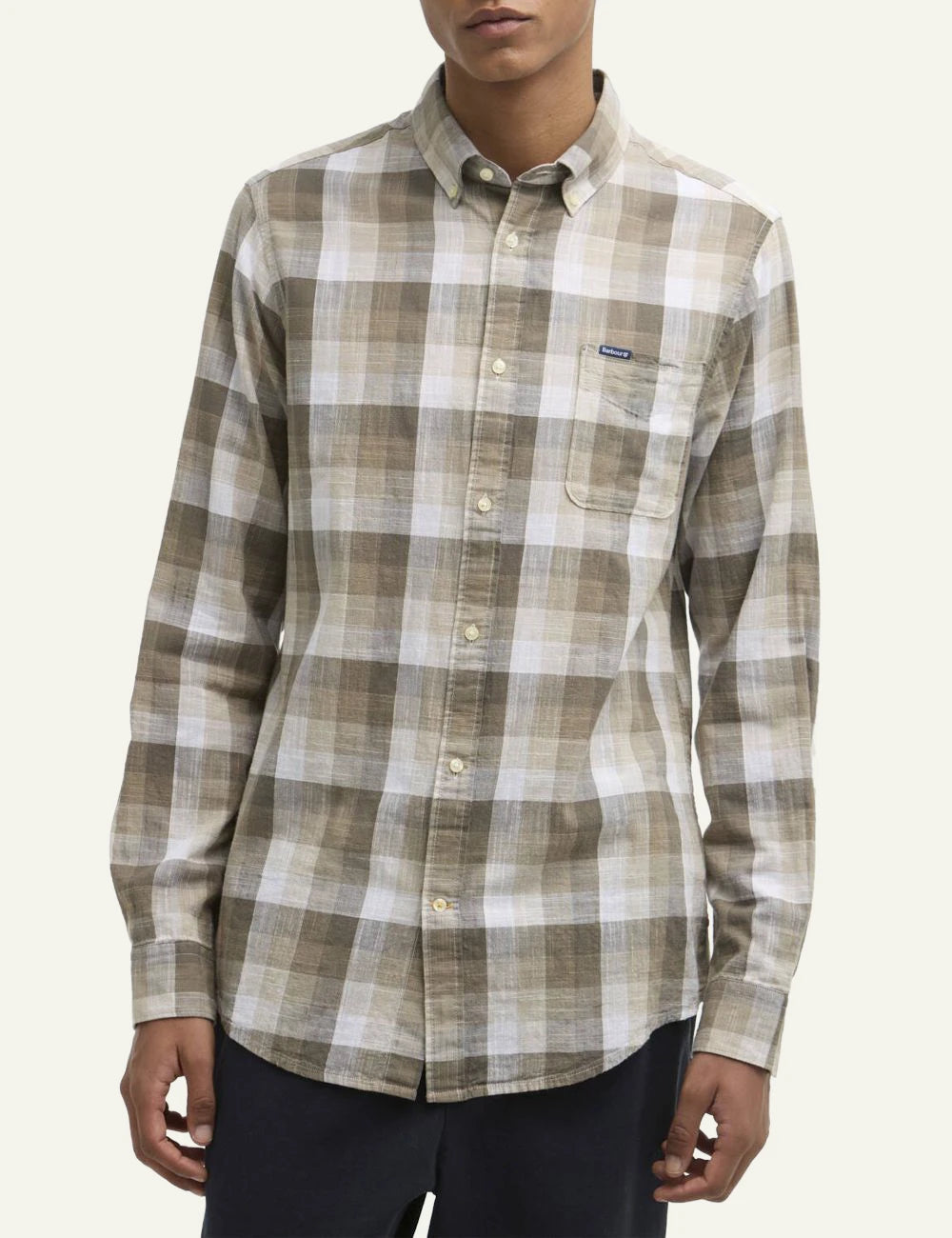 barbour plaid button down shirt brown beige front model view