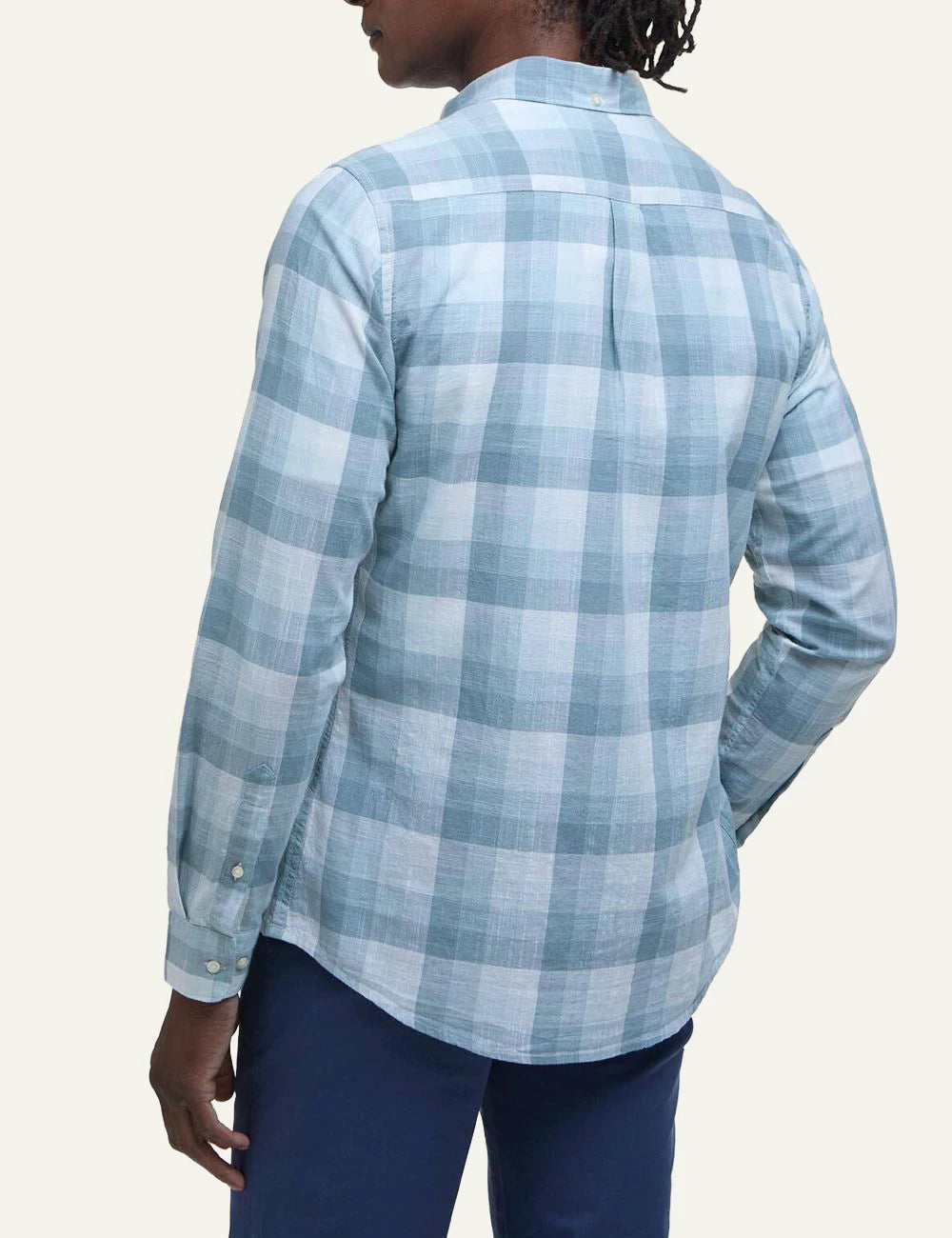 barbour plaid button down shirt light blue white back model view