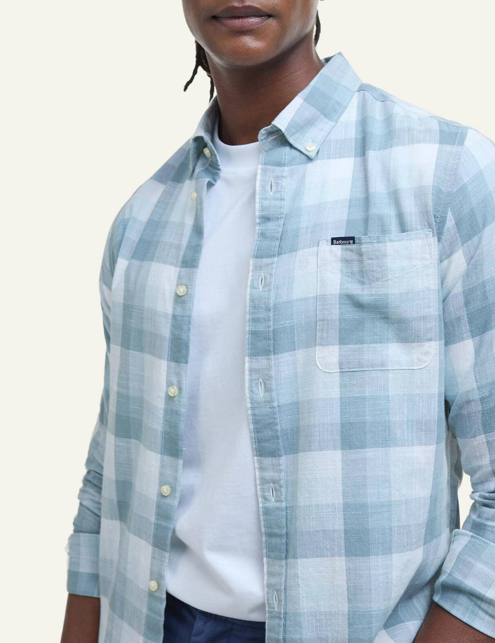 barbour plaid button down shirt light blue white close model view