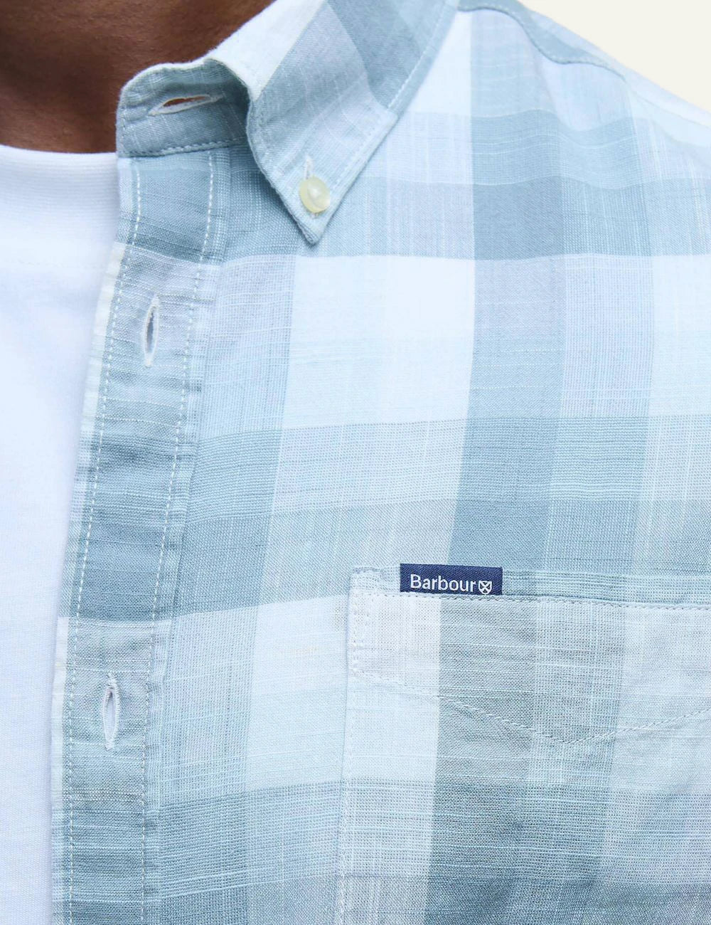barbour plaid button down shirt light blue white detail view