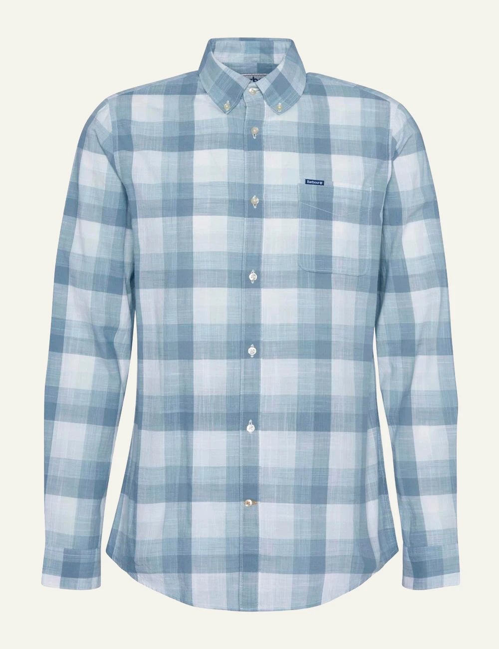 barbour plaid button down shirt light blue white front flat view