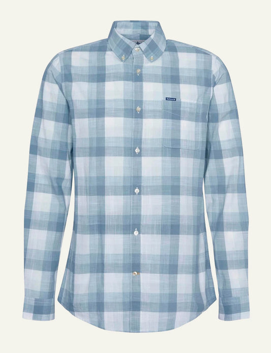 barbour plaid button down shirt light blue white front flat view
