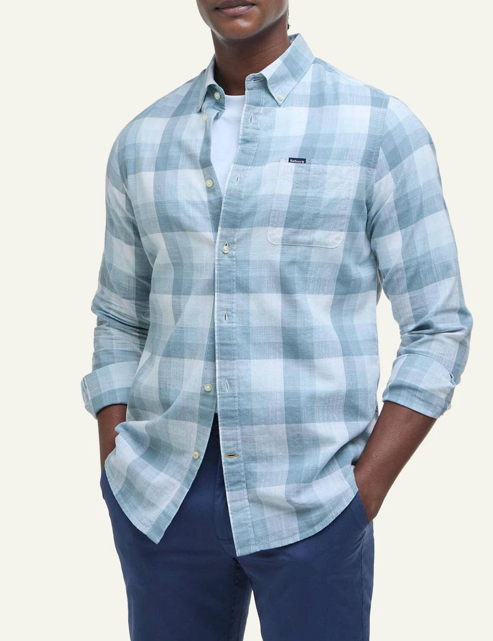 barbour plaid button down shirt light blue white front model view