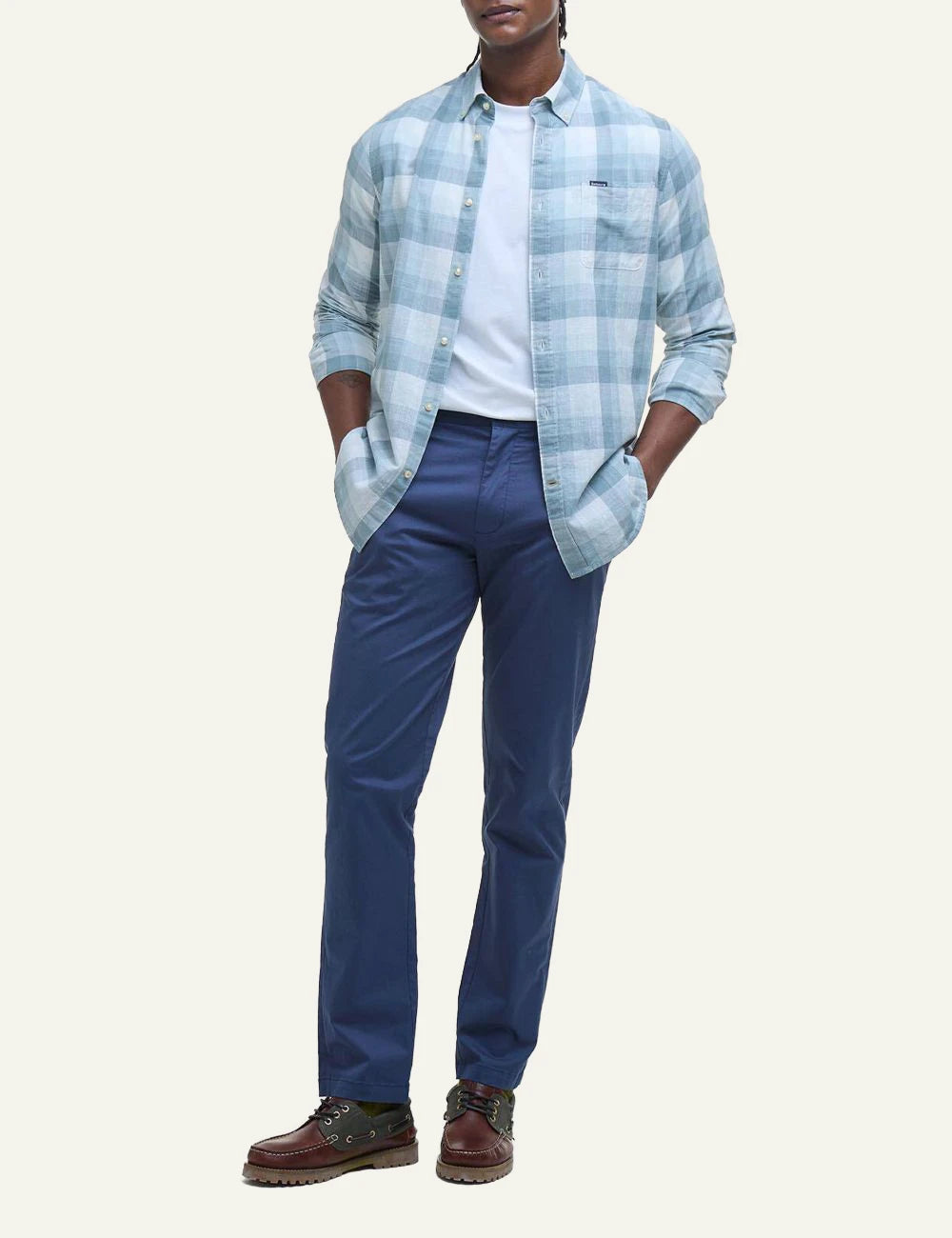 barbour plaid button down shirt light blue white full body view