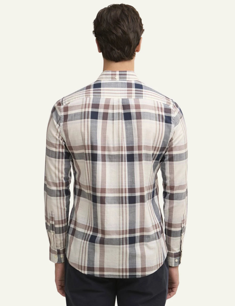 barbour plaid button down shirt white navy red back model view