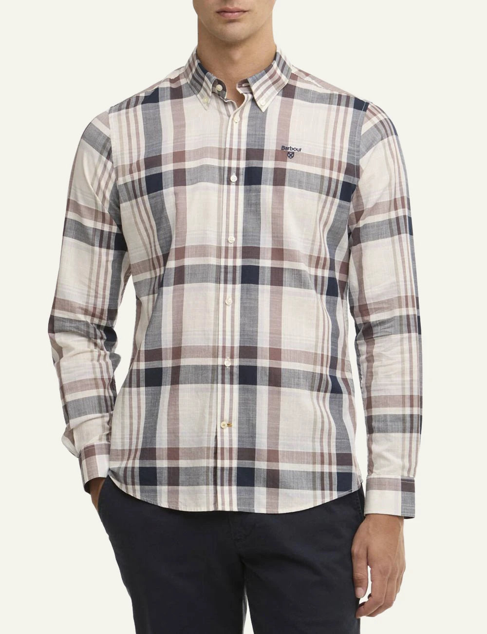 barbour plaid button down shirt white navy red front model view