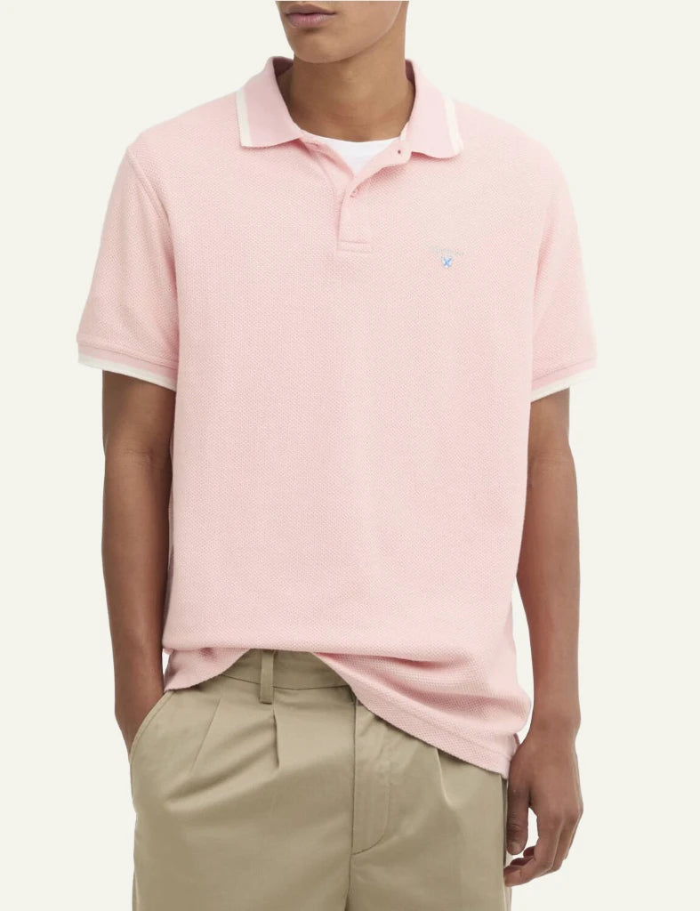 Barbour Ferriby polo silver pink cotton pique logo chest front model view