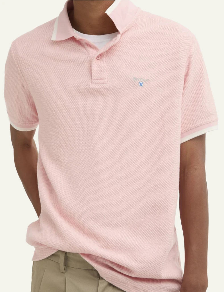 Barbour Ferriby polo silver pink cotton pique logo chest front detail view