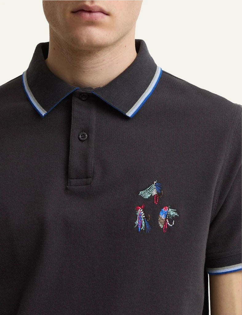 Barbour Lure polo dark navy cotton embroidered lure chest front detail view