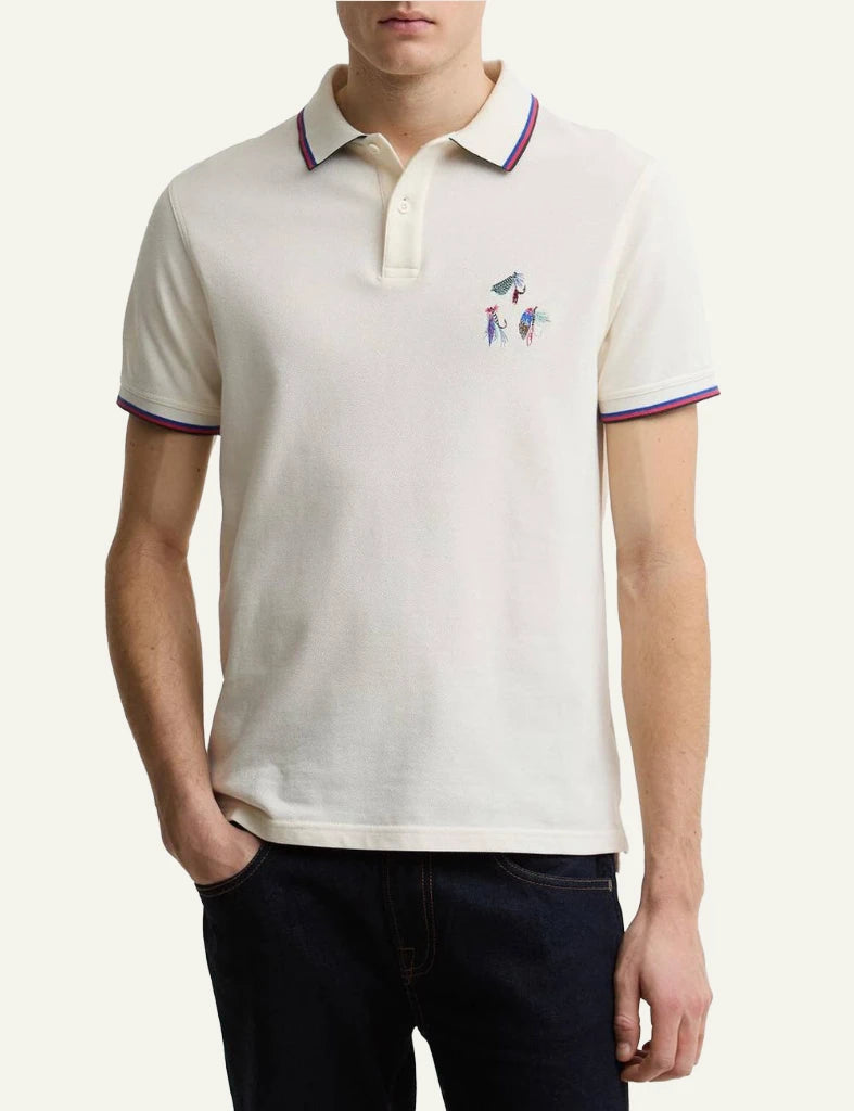 Barbour Lure polo white cotton embroidered lure detail front model view