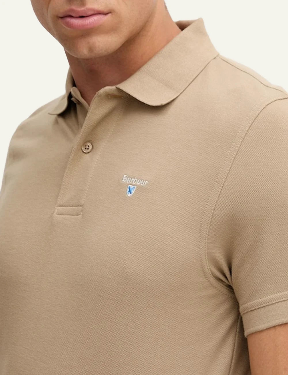 Barbour polo shirt beige cotton regular fit short sleeve logo chest model front detail model view