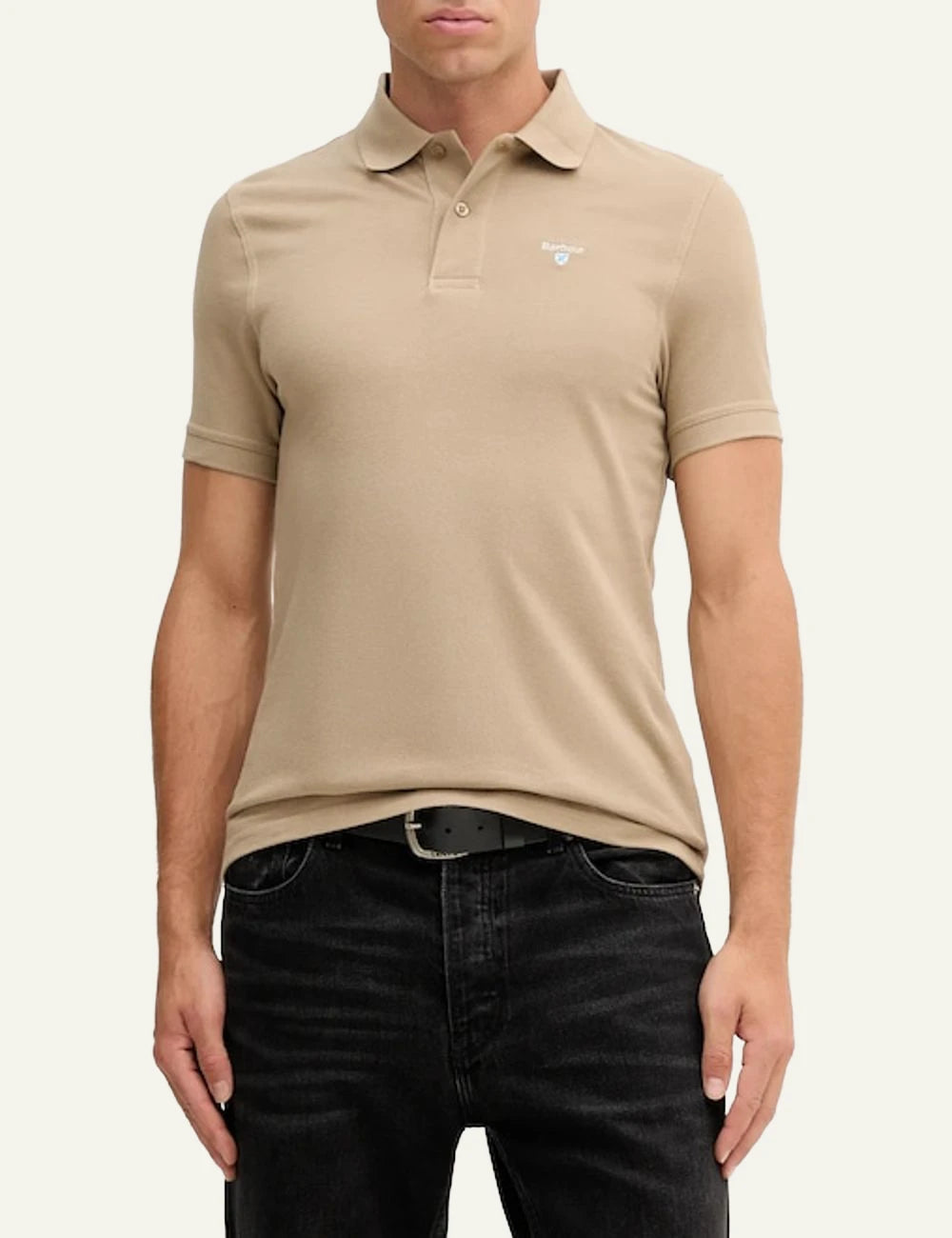 Barbour polo shirt beige cotton regular fit short sleeve logo chest model front model view