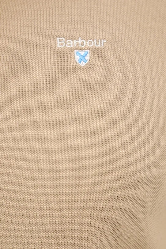 Barbour polo shirt beige cotton regular fit short sleeve logo chest model front detail view
