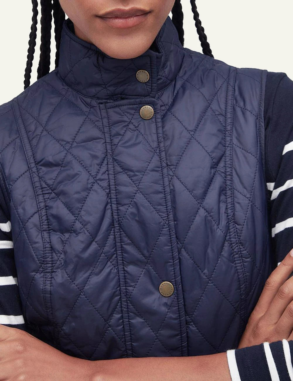barbour quilted gilet navy diamond quilt close model view