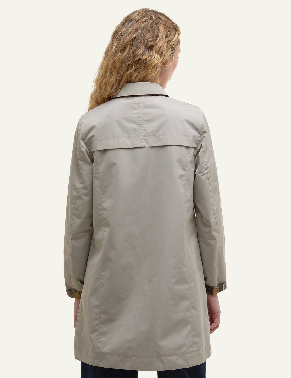 barbour reversible coat beige tartan jacket back model view