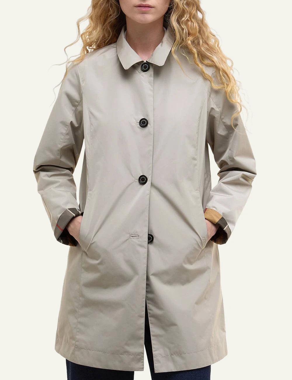 barbour reversible coat beige tartan jacket front model view