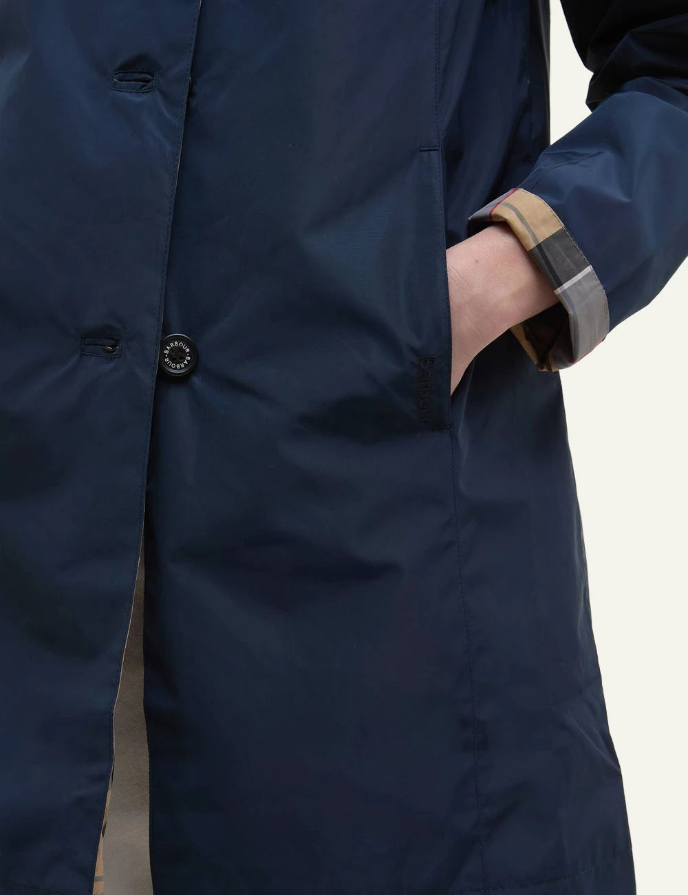 barbour reversible coat navy tartan jacket detail view
