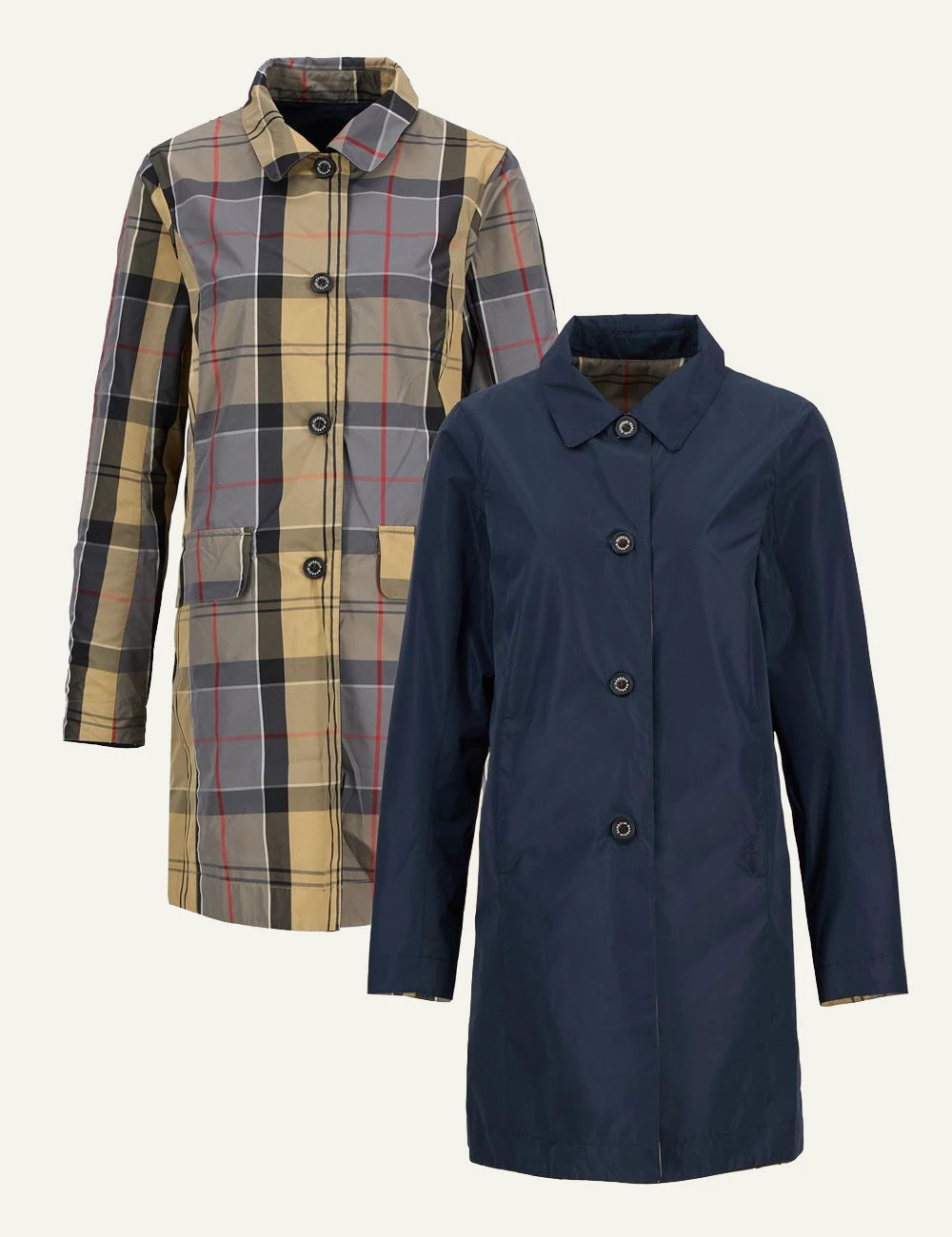 barbour reversible coat navy tartan jacket front flat view