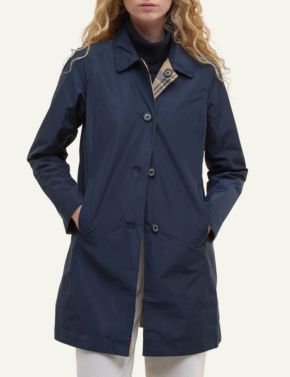 barbour reversible coat navy tartan jacket front model view