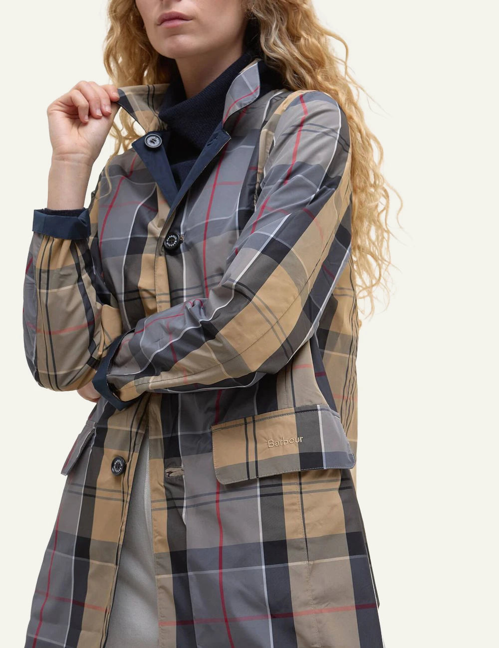 barbour reversible coat navy tartan jacket front model view 2
