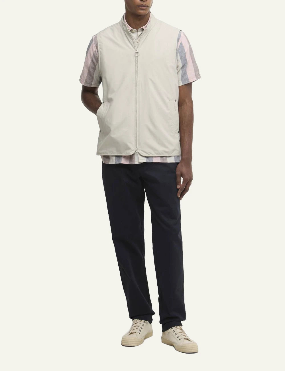 barbour stonedale gilet cream sleeveless zip front minimalist front full body view