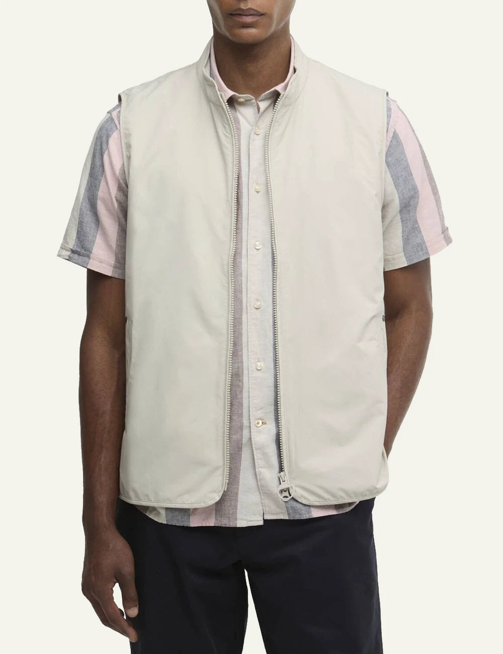 barbour stonedale gilet cream sleeveless zip front minimalist front model view