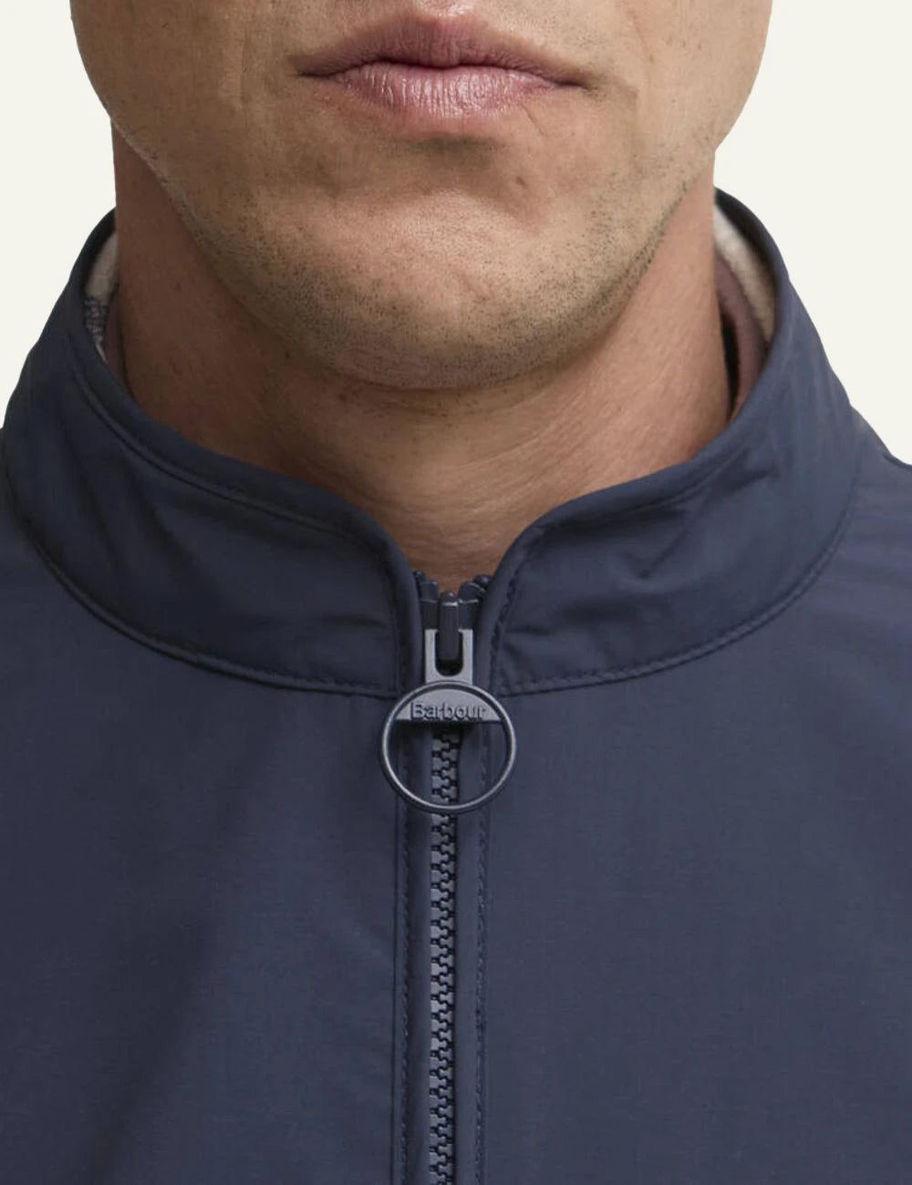 barbour stonedale gilet navy sleeveless zip front minimalist front detail view