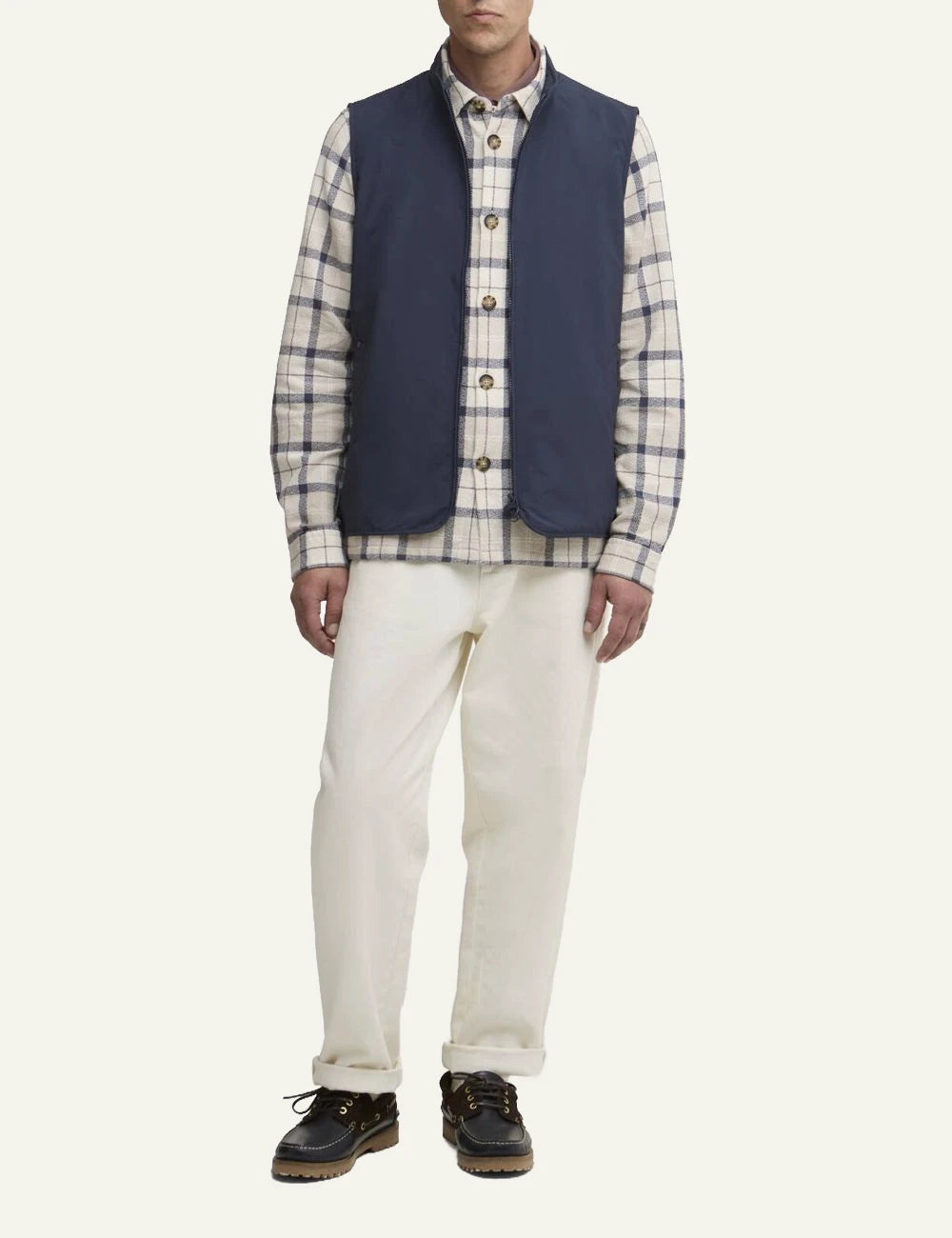 barbour stonedale gilet navy sleeveless zip front minimalist front full body view