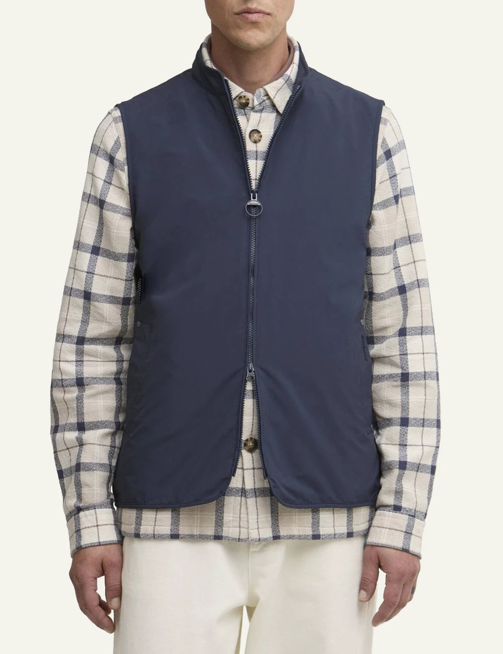 barbour stonedale gilet navy sleeveless zip front minimalist front model view