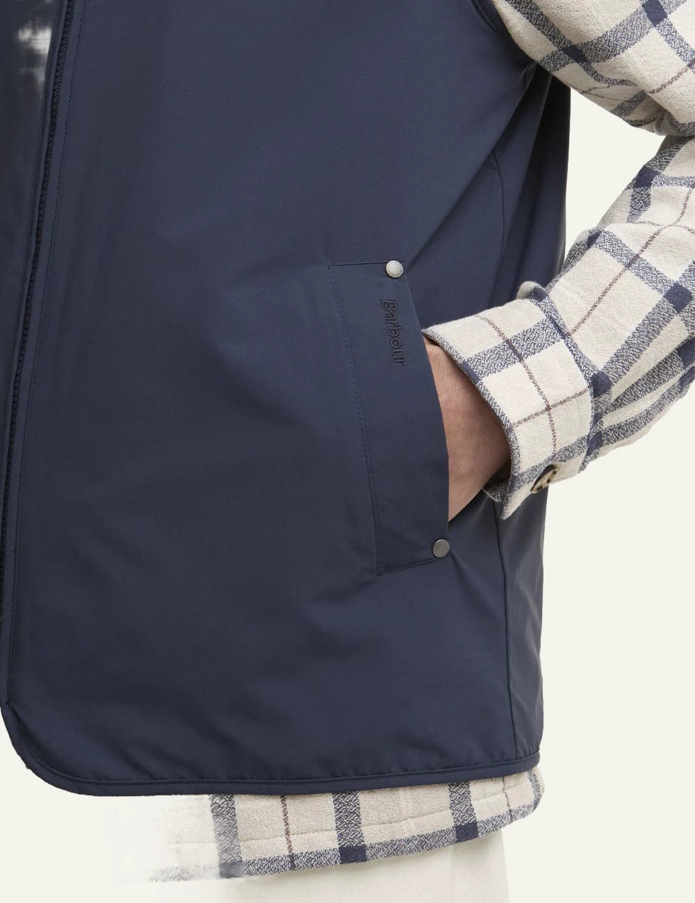 barbour stonedale gilet navy sleeveless zip front minimalist pocket view