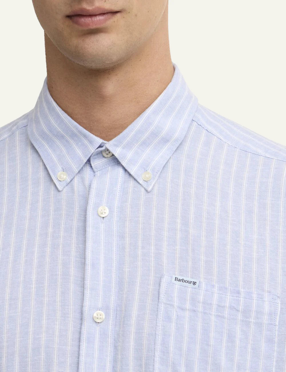 barbour striped button down shirt light blue front logo view