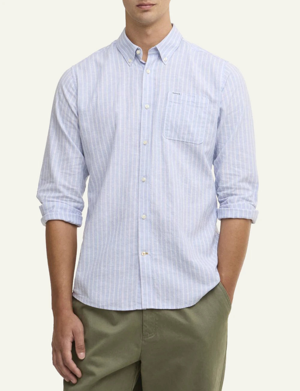 barbour striped button down shirt light blue front model view