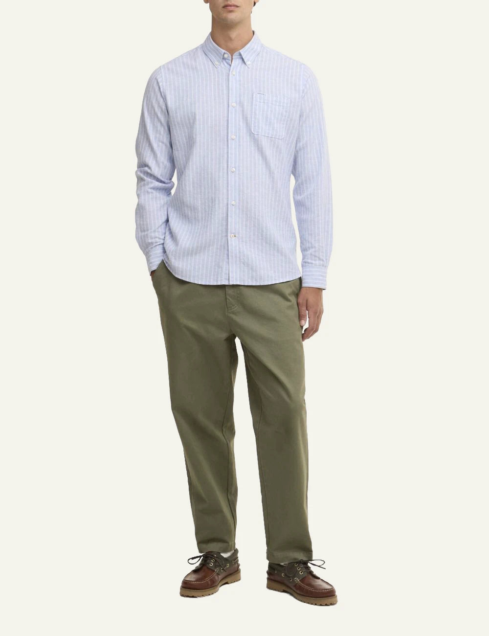barbour striped button down shirt light blue front full body view