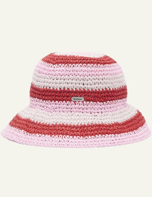 barbour striped crochet bucket hat pink and red front view