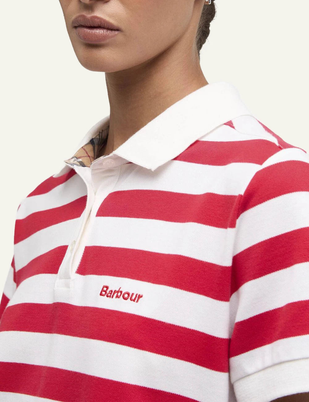 barbour red white striped polo shirt close model view