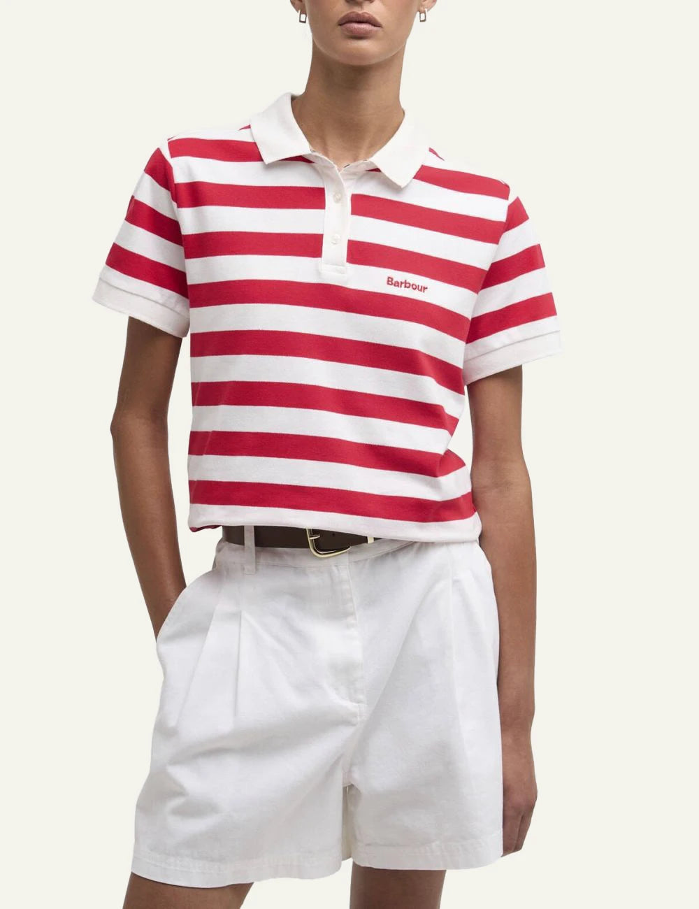 barbour red white striped polo shirt front model view