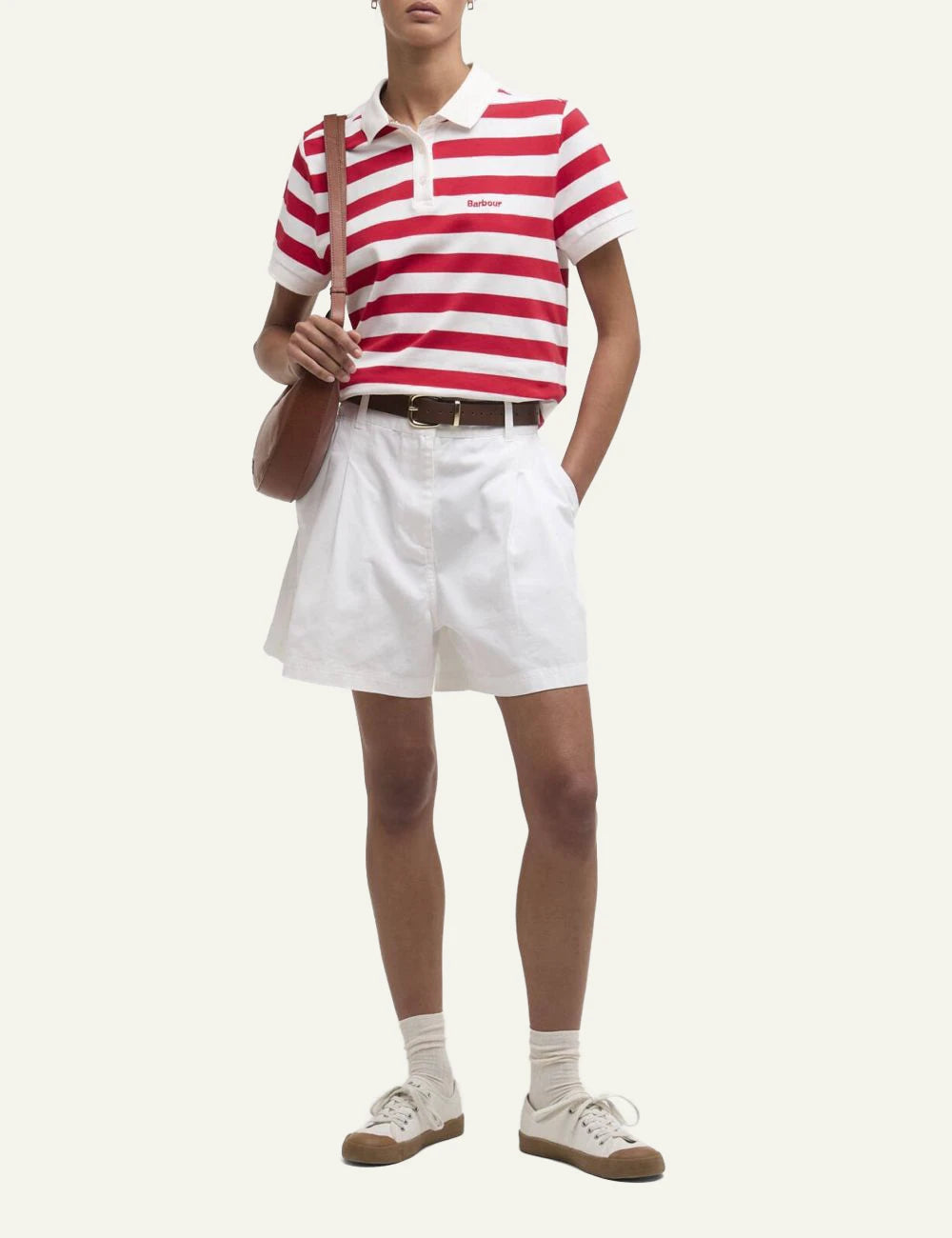 barbour red white striped polo shirt full body view