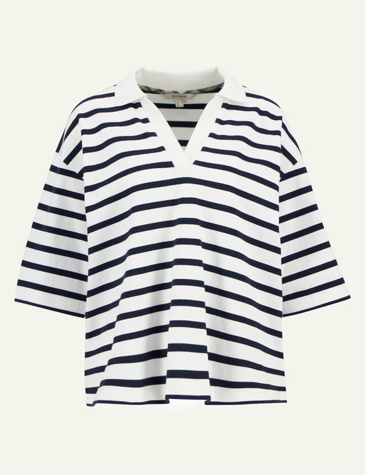 barbour striped polo top navy white front flat view