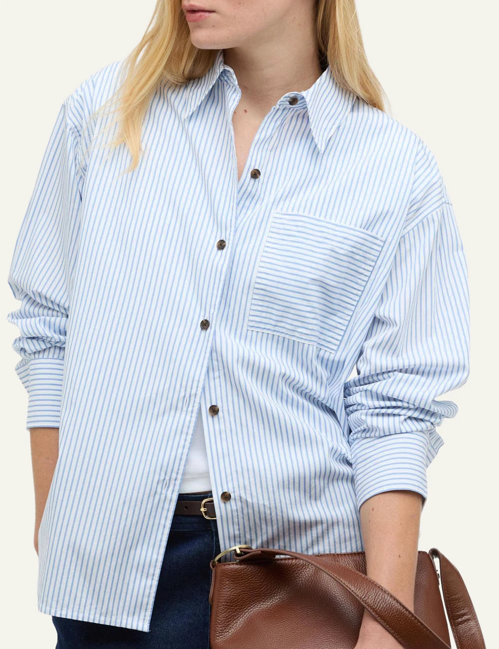 barbour striped shirt light blue white long sleeve close model view