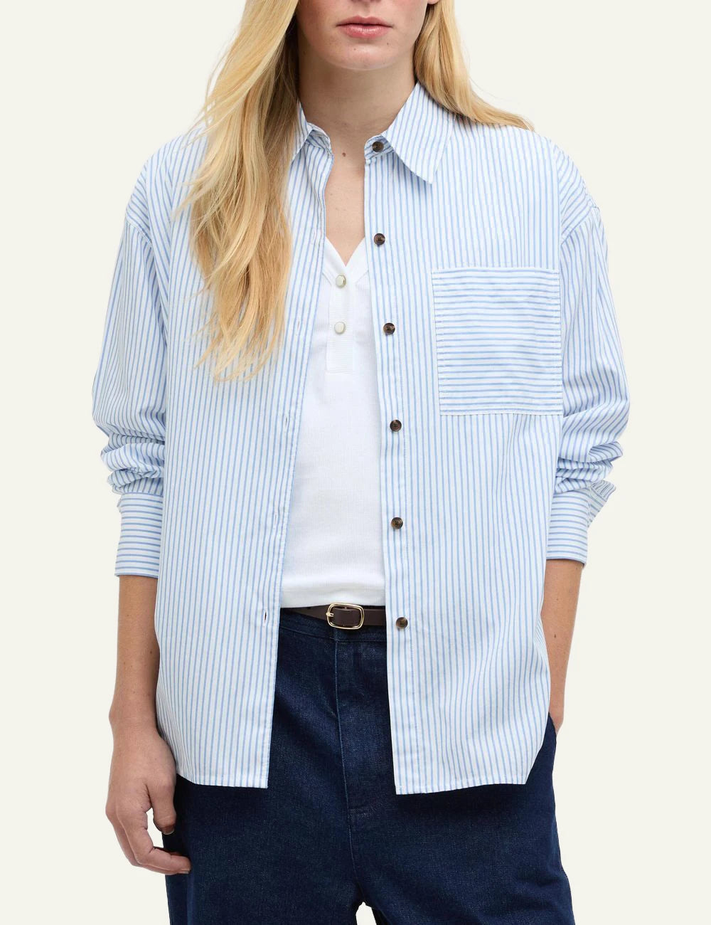 barbour striped shirt light blue white long sleeve front model view