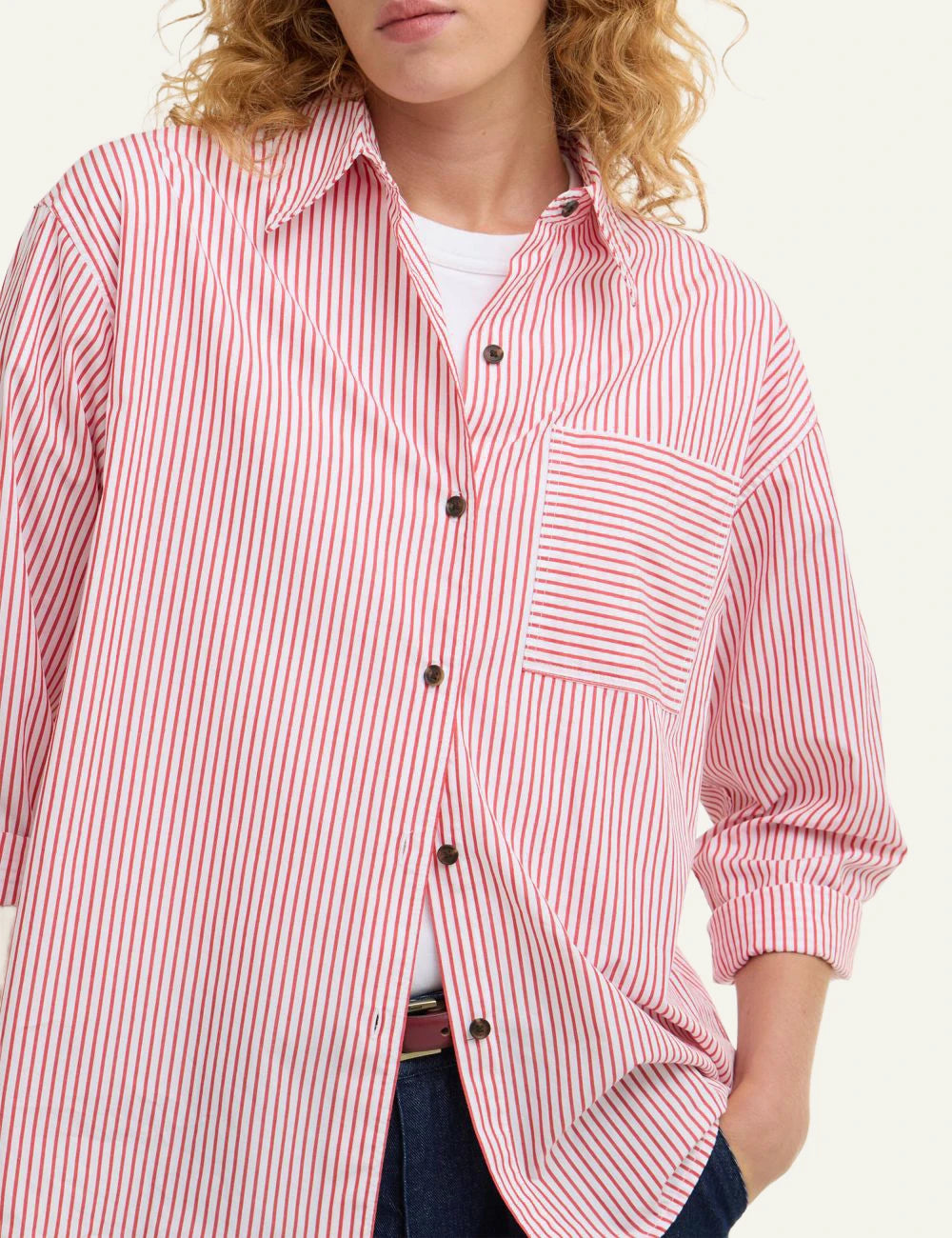 barbour striped shirt red white long sleeve close model view