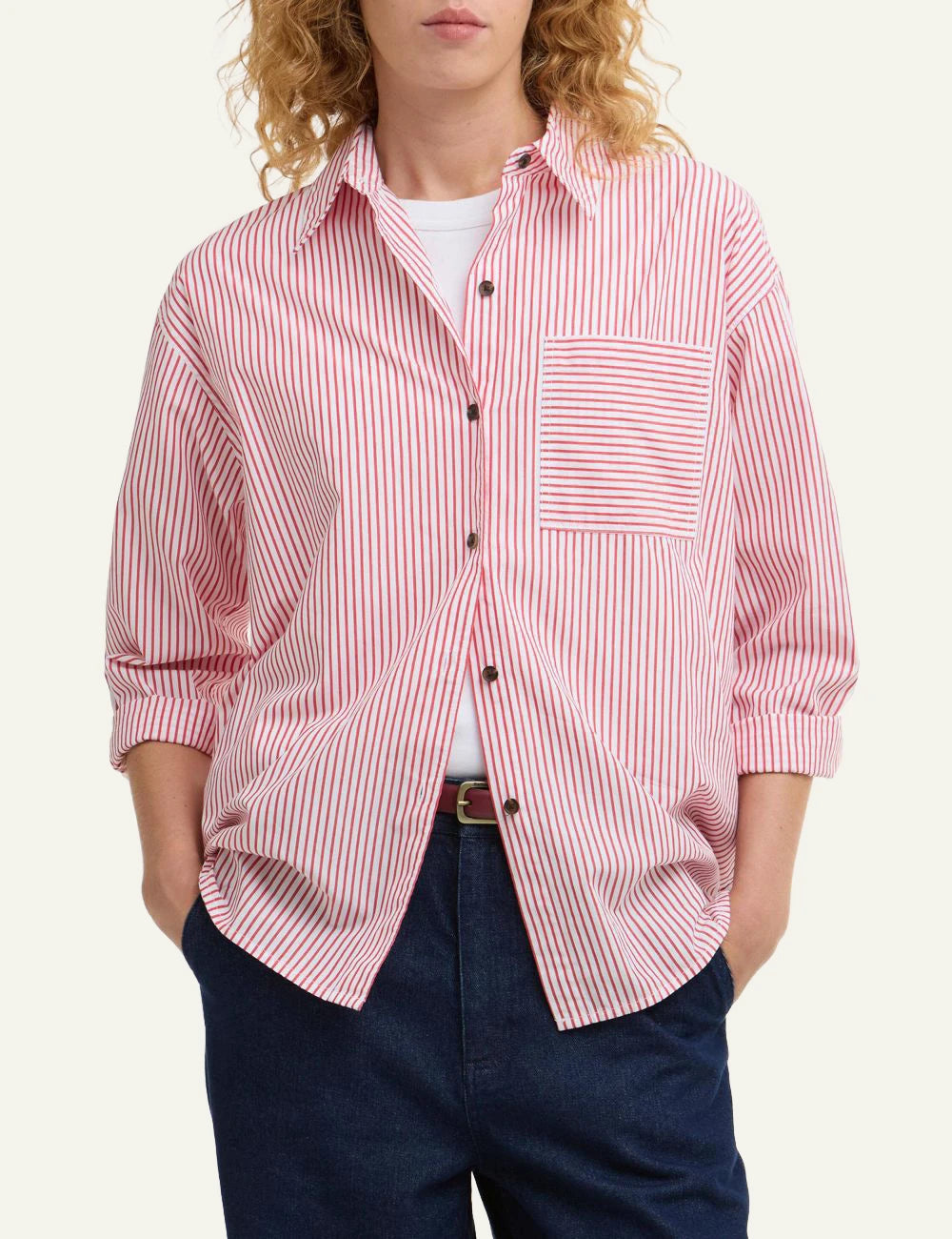 barbour striped shirt red white long sleeve front model view