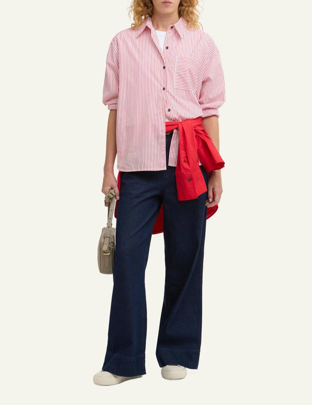barbour striped shirt red white long sleeve full body view