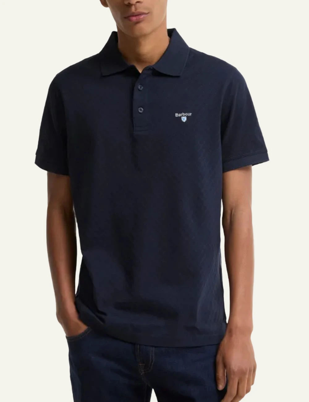 Barbour Sutton polo shirt navy tailored fit textured cotton logo chest front back view
