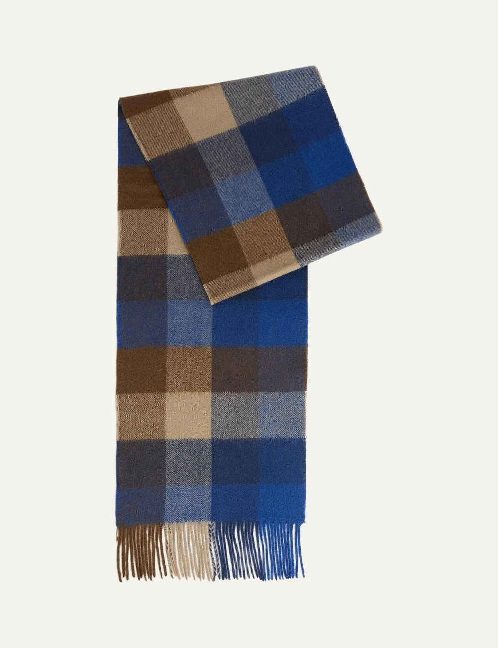 Barbour unisex wool scarf with blue brown and beige tattersall check pattern and fringed edges