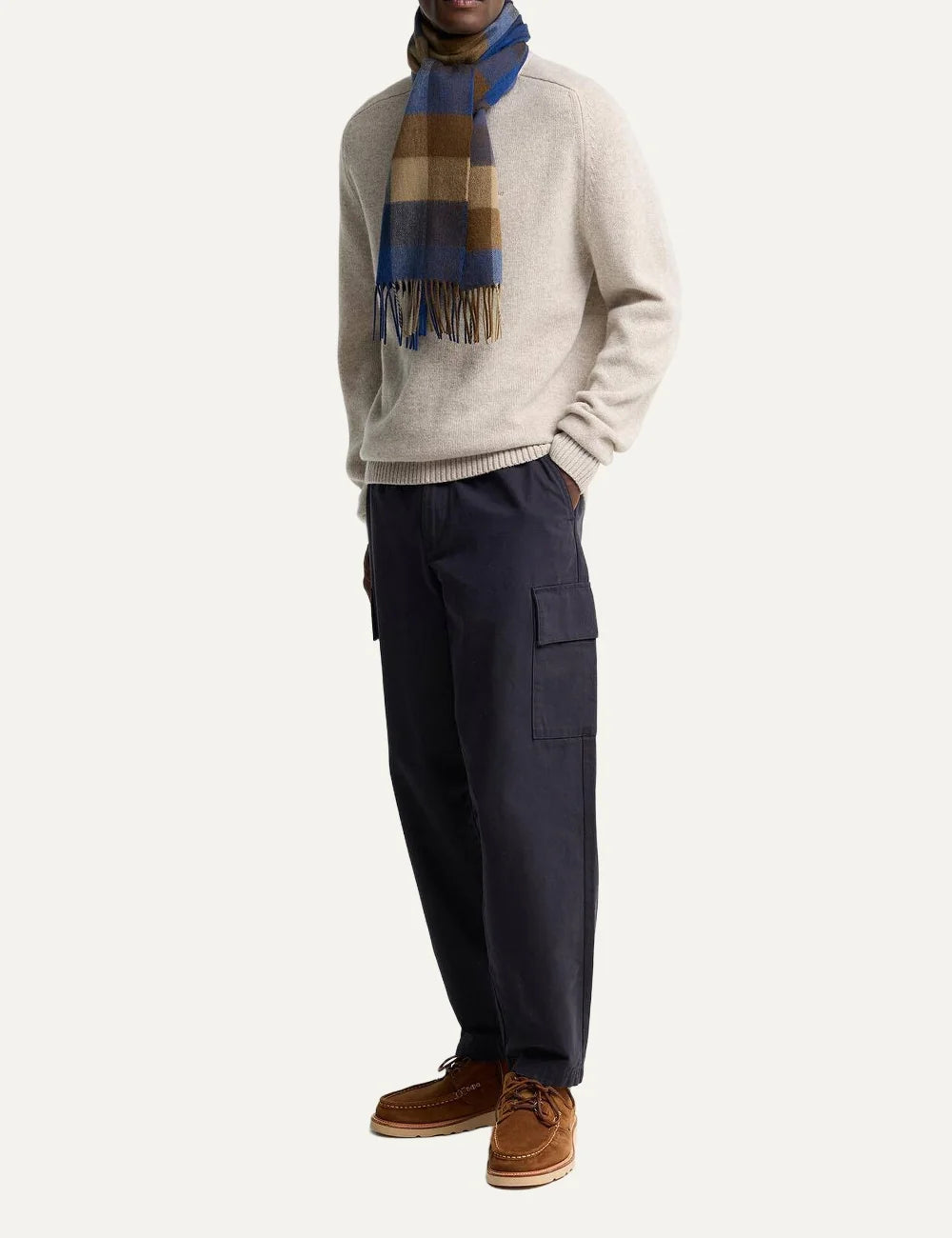 Barbour unisex wool scarf with blue brown and beige tattersall check pattern and fringed edges full body