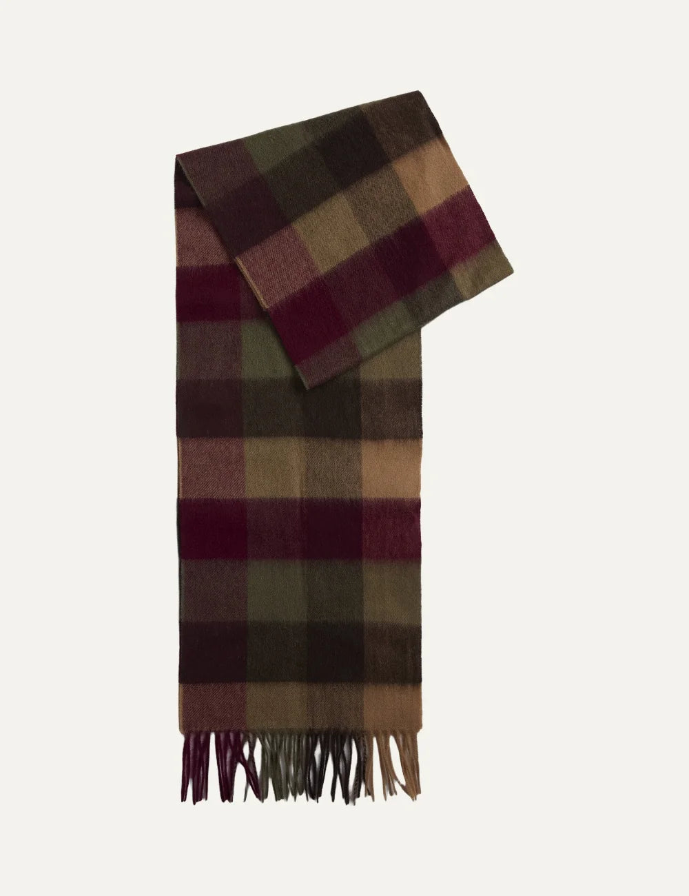 Barbour unisex wool scarf with burgundy olive brown and beige tattersall check pattern and fringed edges